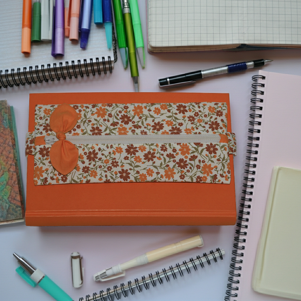 Astuccio da agenda piccolo - cotone 100% Fiorellini arancio e marrone, fatto a mano