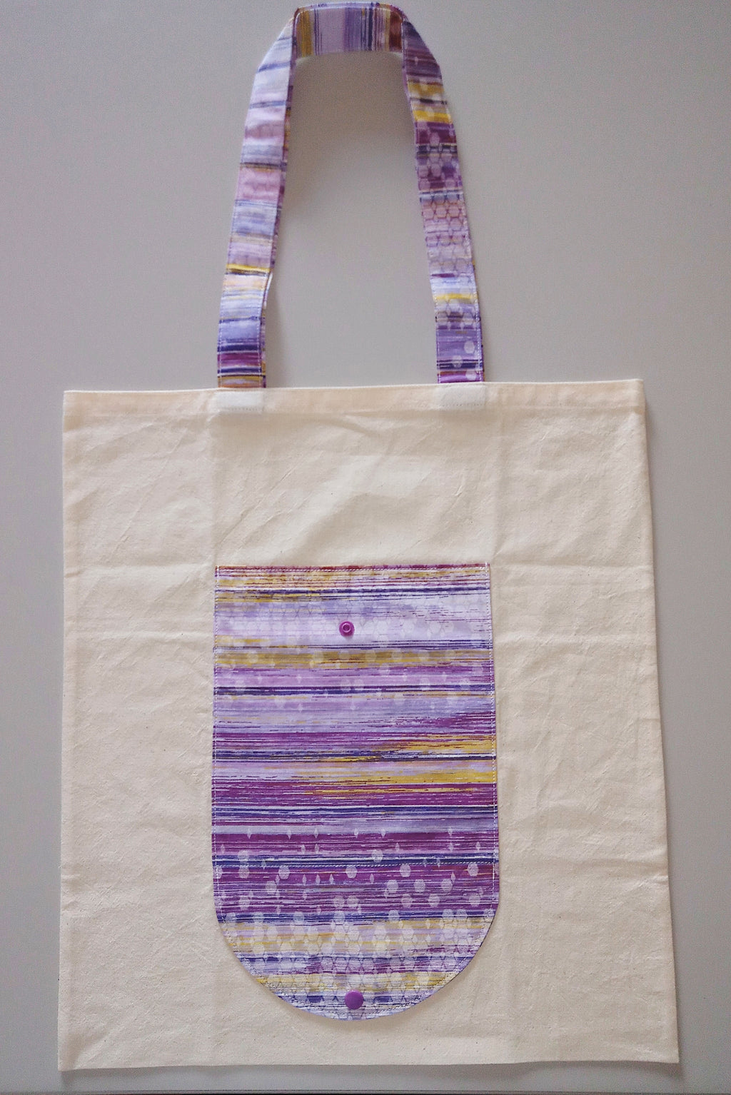 Borsa shopper richiudibile in canvas di cotone artigianale – Tasca lilla sfumata