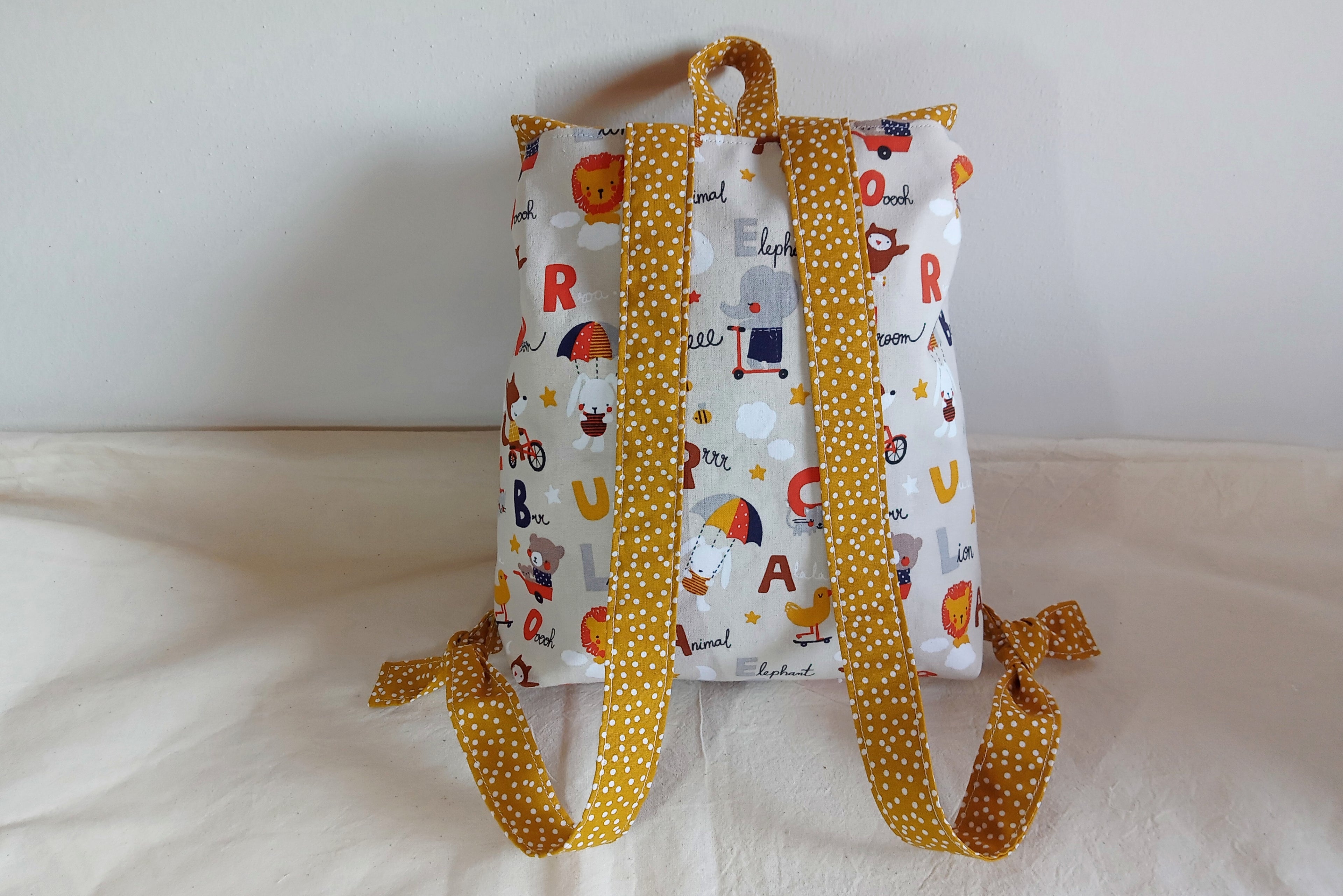 Zainetto asilo nido artigianale in cotone Oeko-Tex - Fantasia Animaletti ABC e pois